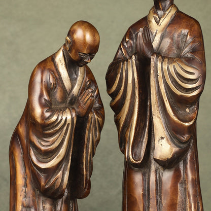 Pure Brass Peaceful Buddha Monk and Disciple Idol Set - 12 Inch