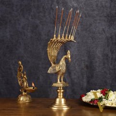 Pure Brass Peacock Agarbatti Incense Holder - 12 Inch