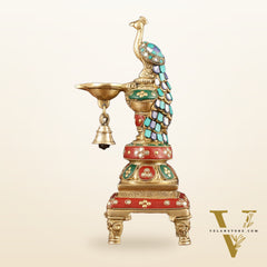 Pure Brass Peacock Diya with Meenakari Work -  11" Height