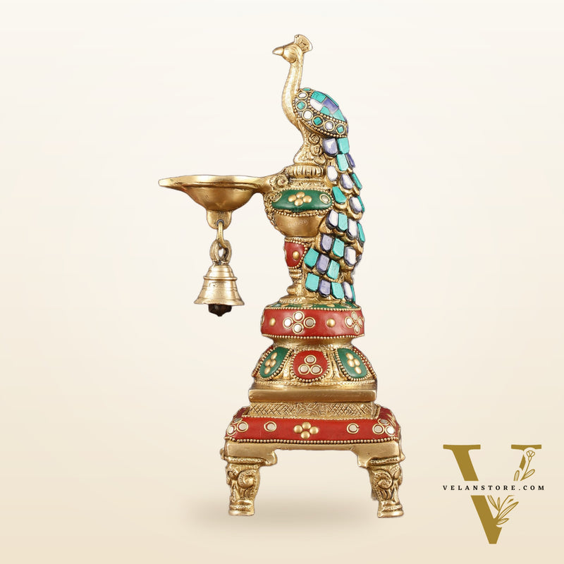 Pure Brass Peacock Diya with Meenakari Work -  11" Height