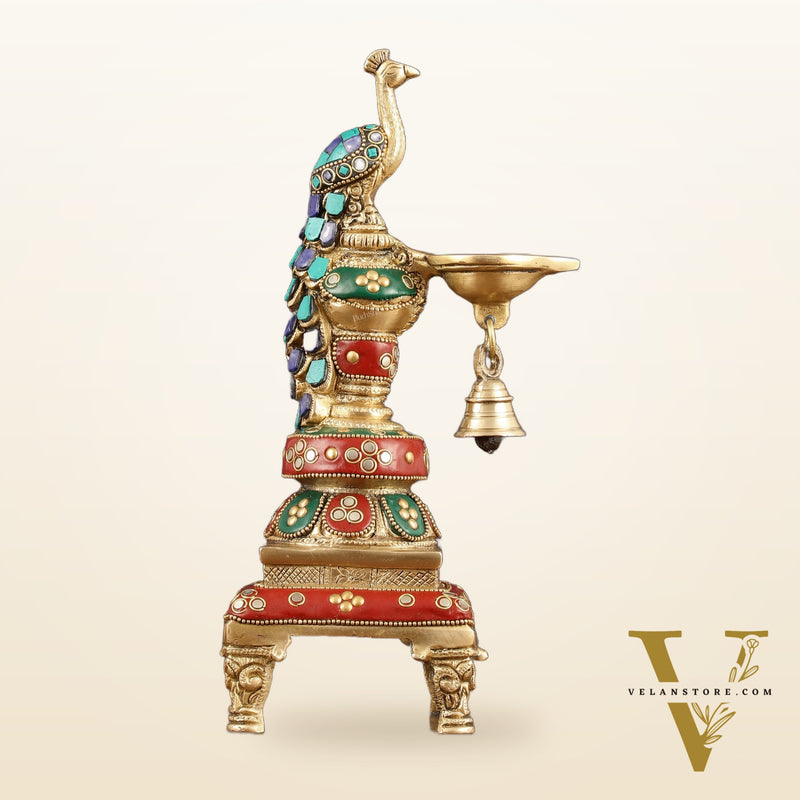 Pure Brass Peacock Diya with Meenakari Work -  11" Height