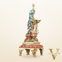 Pure Brass Peacock Diya with Meenakari Work -  11" Height