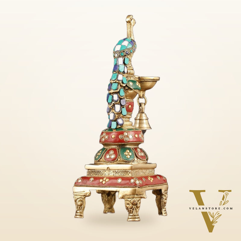 Pure Brass Peacock Diya with Meenakari Work -  11" Height