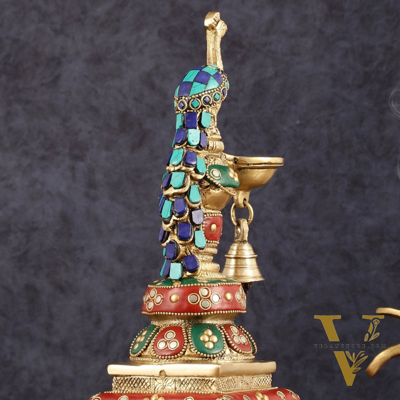 Pure Brass Peacock Diya with Meenakari Work -  11" Height