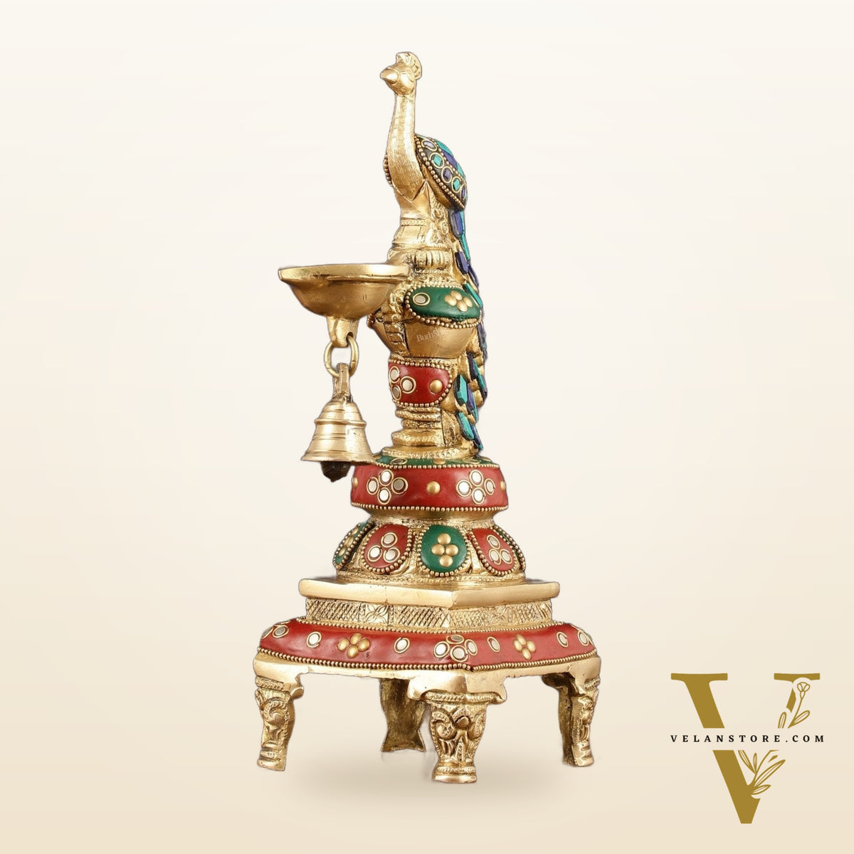 Pure Brass Peacock Diya with Meenakari Work -  11" Height