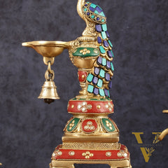 Pure Brass Peacock Diya with Meenakari Work -  11" Height