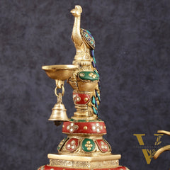 Pure Brass Peacock Diya with Meenakari Work -  11" Height
