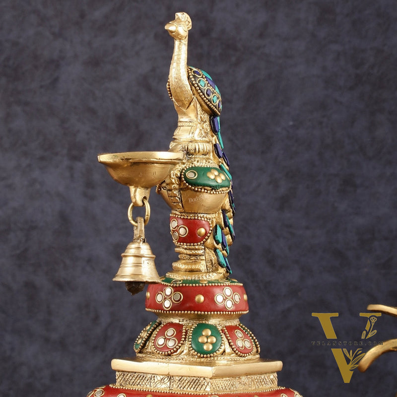 Pure Brass Peacock Diya with Meenakari Work -  11" Height