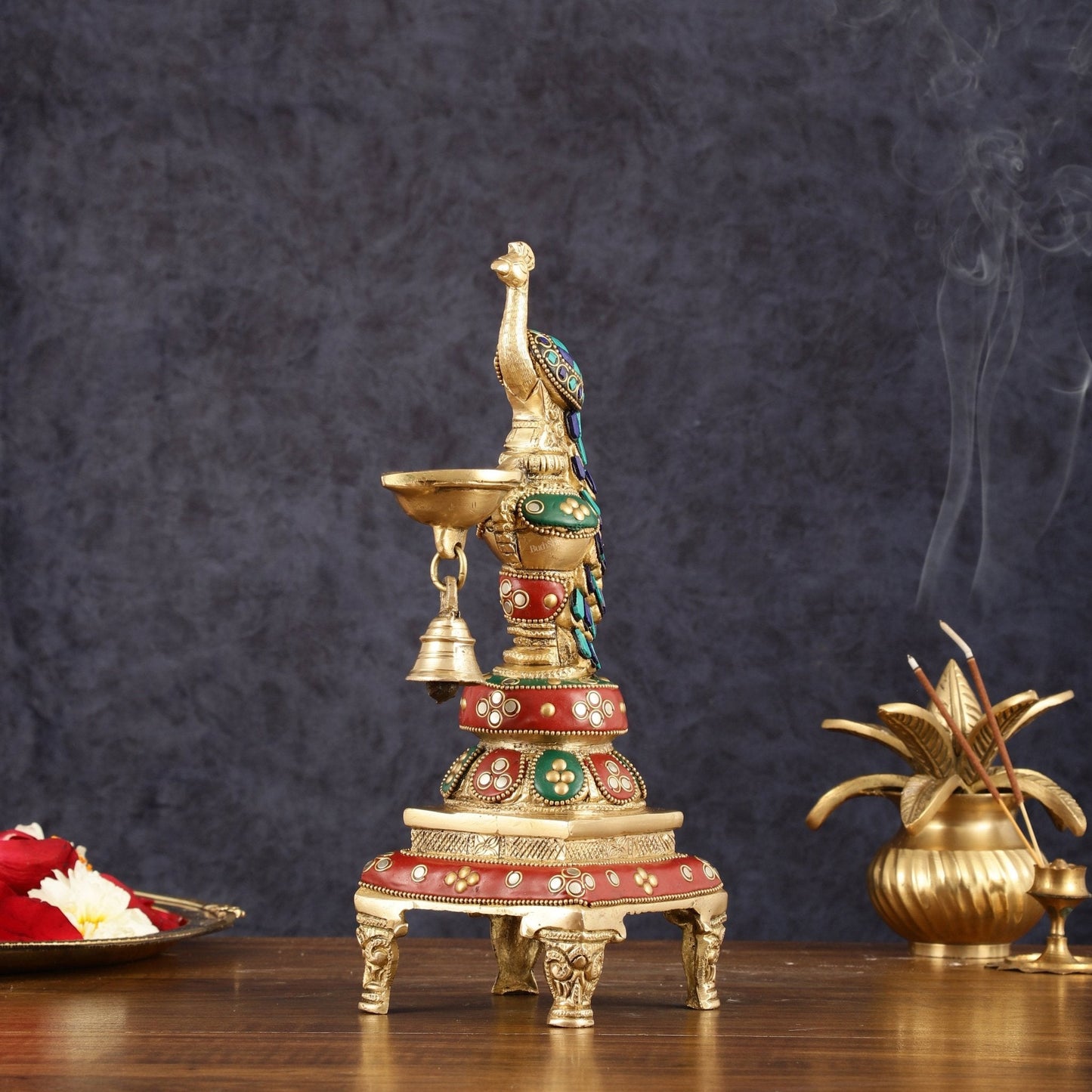 Pure Brass Peacock Diya with Meenakari Work -  11" Height