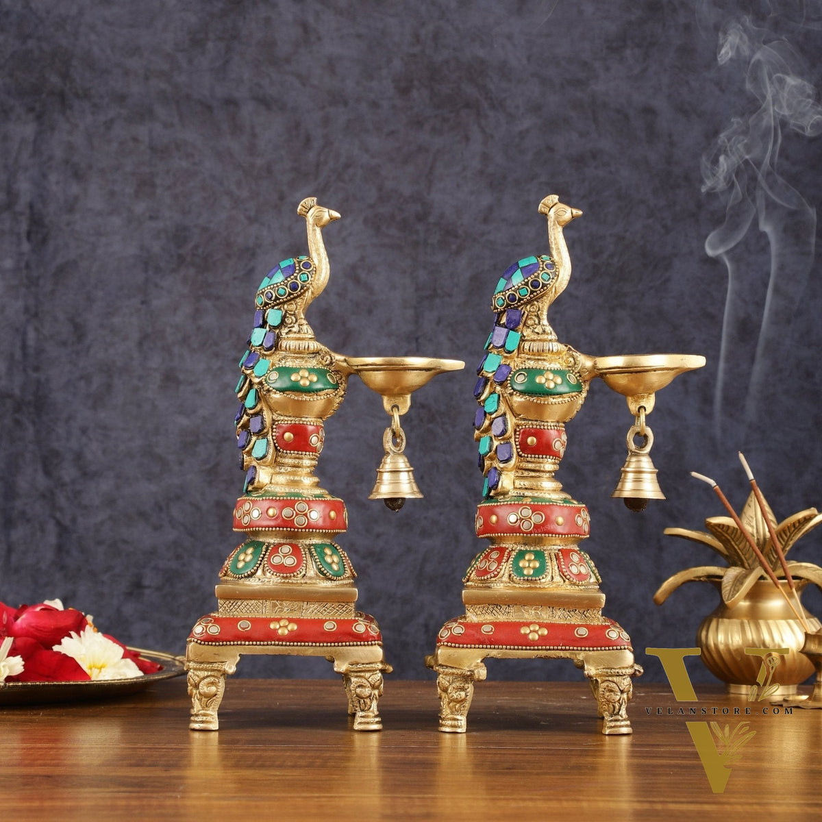 Pure Brass Peacock Diya with Meenakari Work - Pair, 11" Height