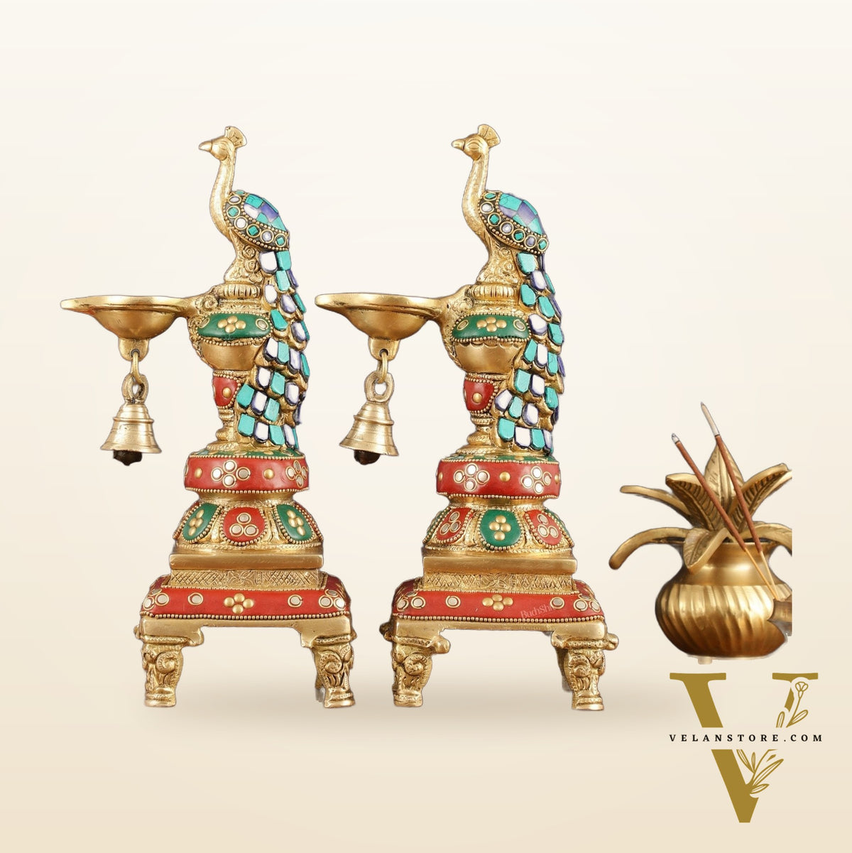Pure Brass Peacock Diya with Meenakari Work - Pair, 11" Height