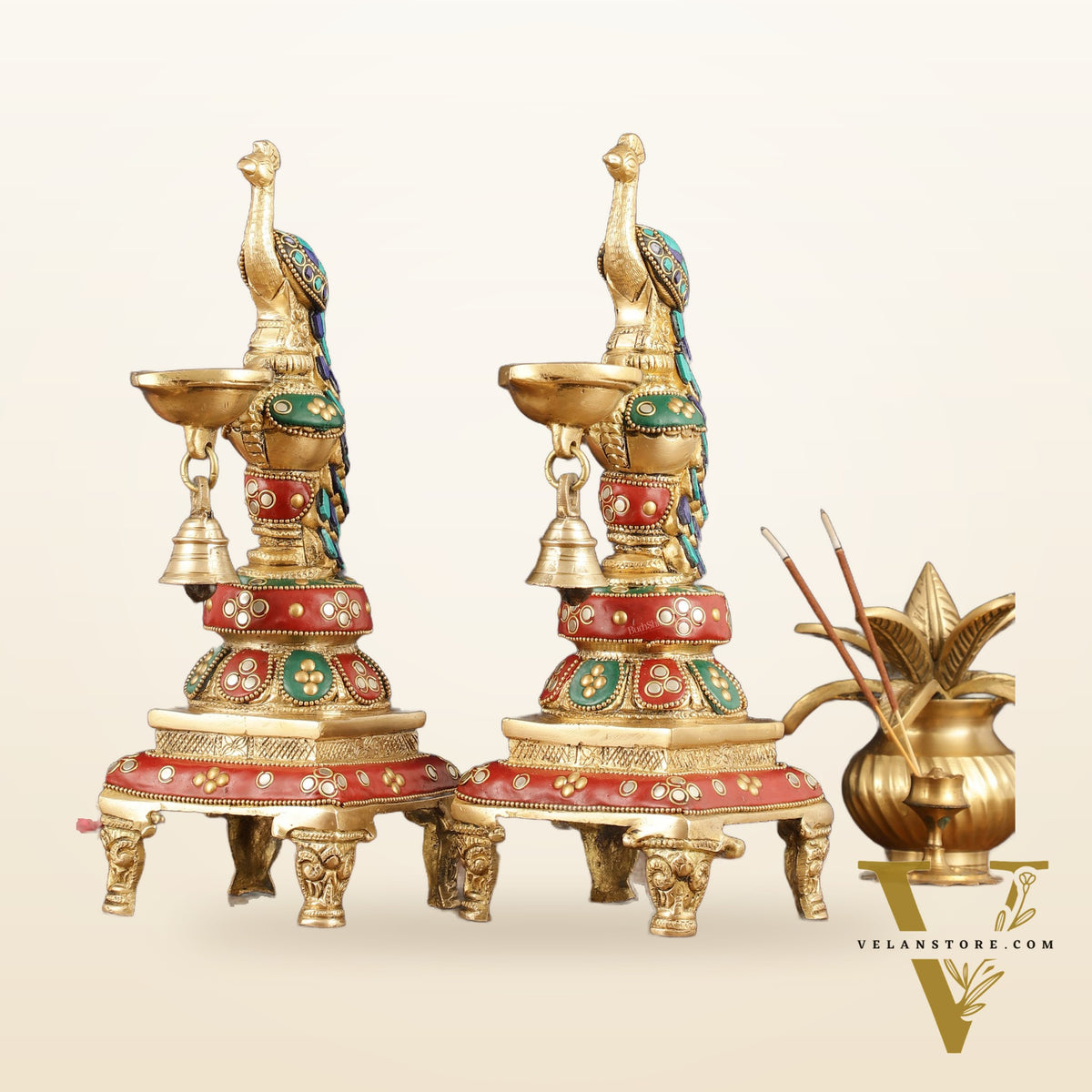 Pure Brass Peacock Diya with Meenakari Work - Pair, 11" Height