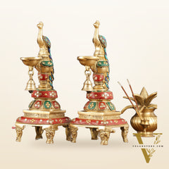Pure Brass Peacock Diya with Meenakari Work - Pair, 11" Height
