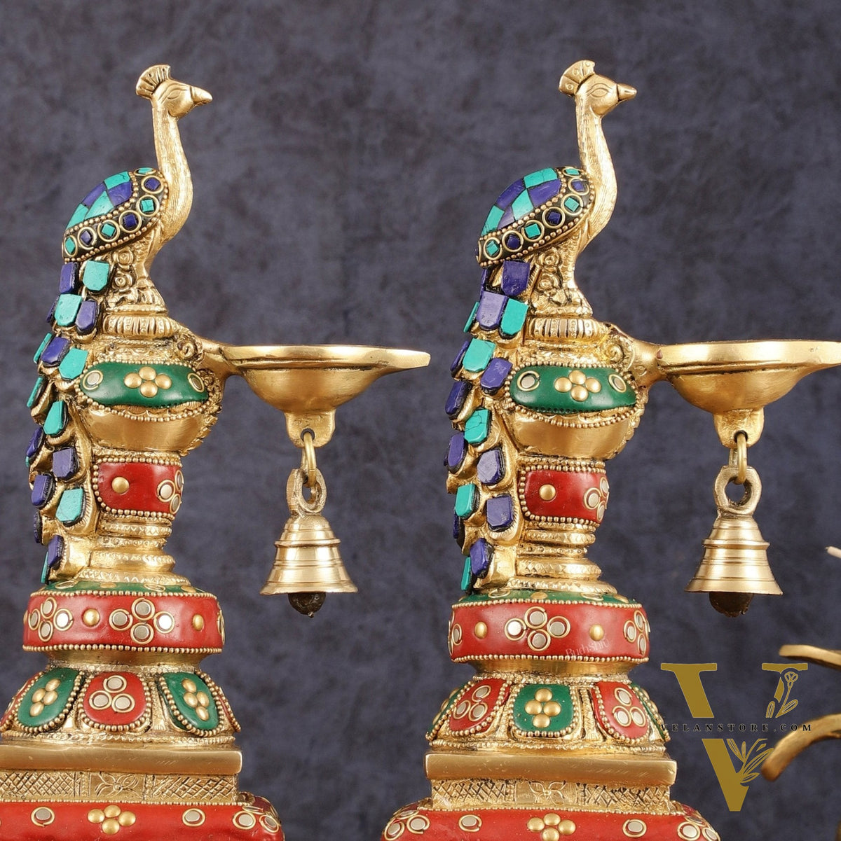 Pure Brass Peacock Diya with Meenakari Work - Pair, 11" Height