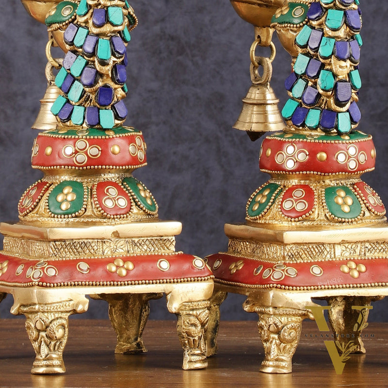 Pure Brass Peacock Diya with Meenakari Work - Pair, 11" Height