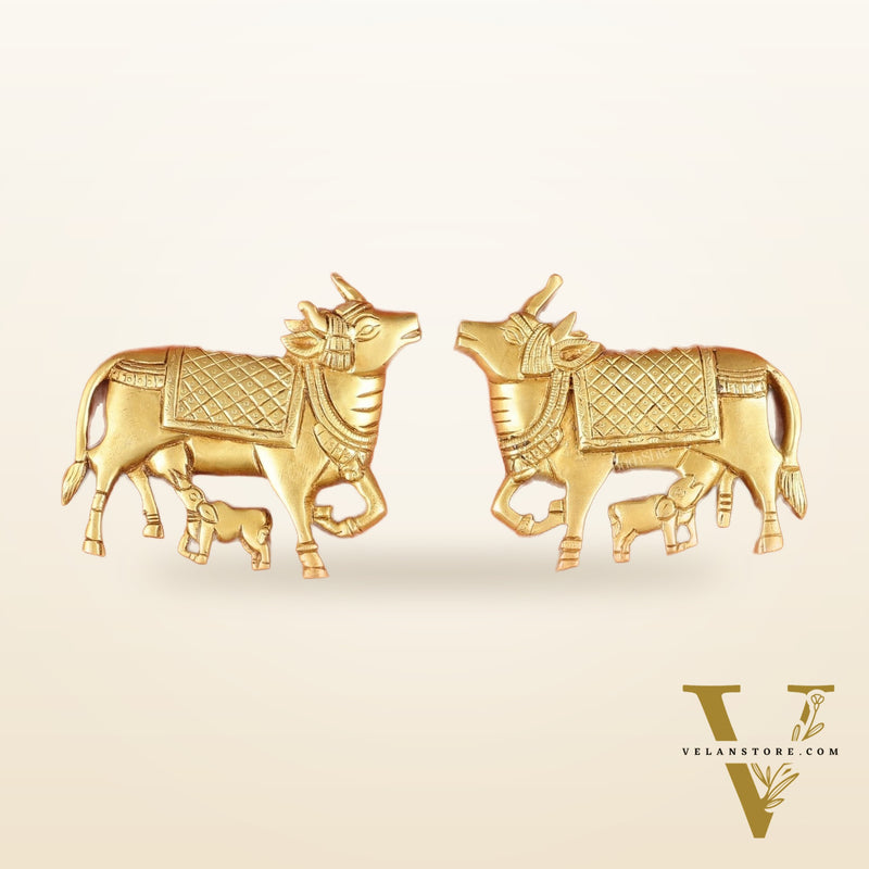 Pure Brass Pichwai Cow and Calf Wall Hanging - 5"x5.5" | Elegant Decor