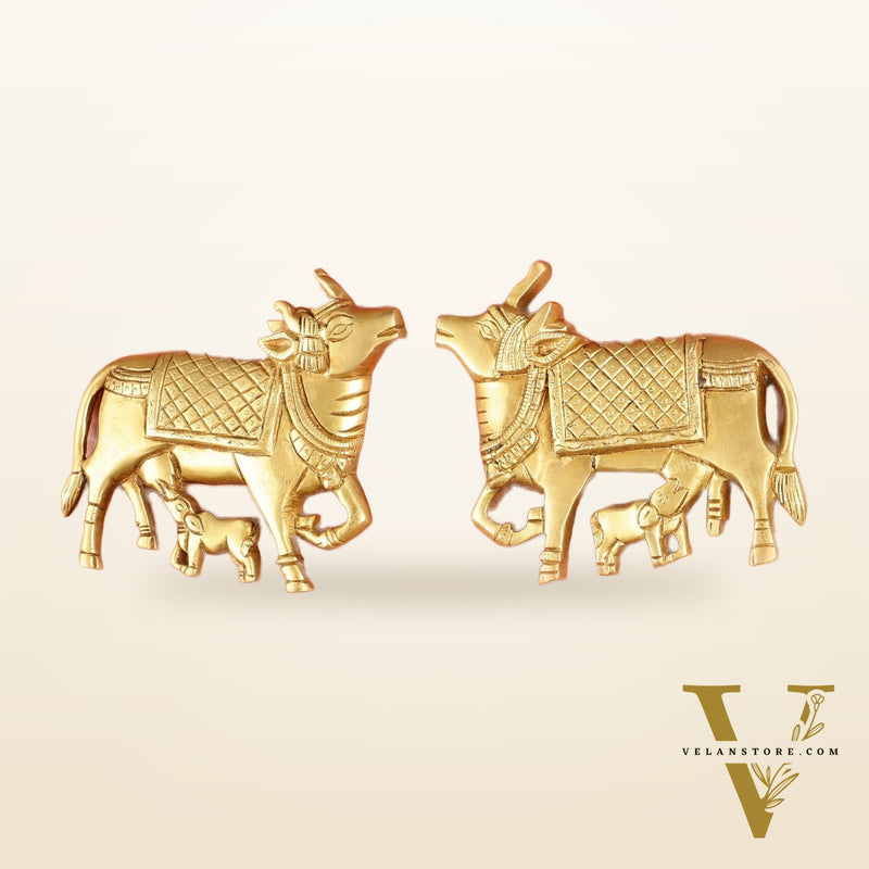 Pure Brass Pichwai Cow and Calf Wall Hanging - 5"x5.5" | Elegant Decor