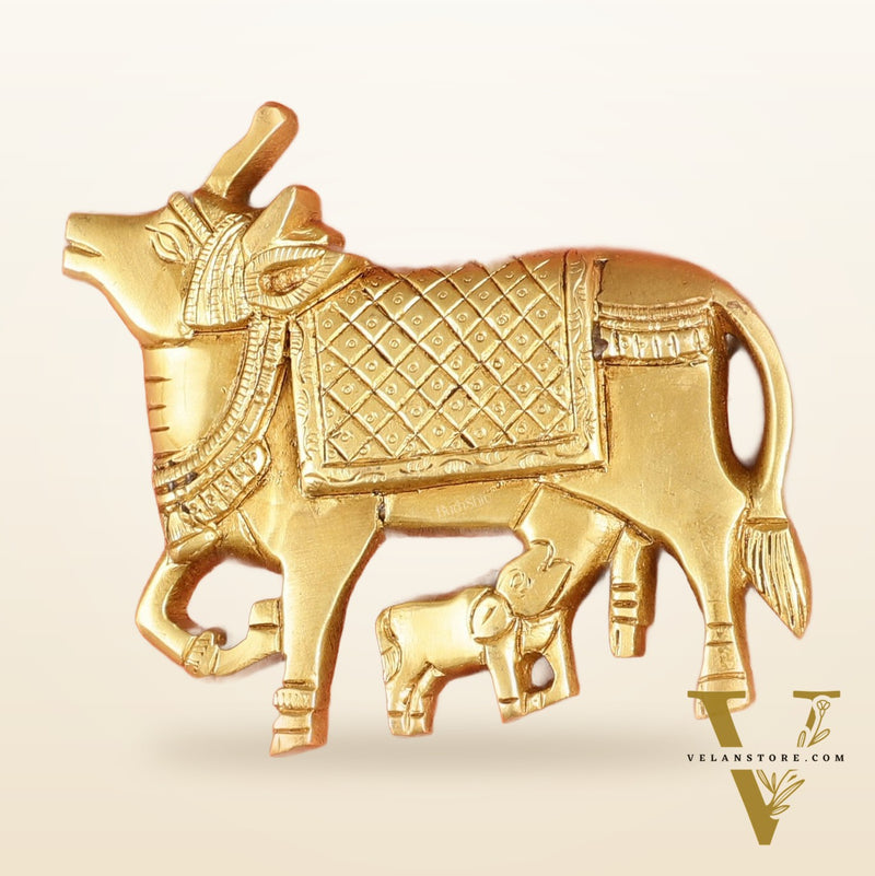 Pure Brass Pichwai Cow and Calf Wall Hanging - 5"x5.5" | Elegant Decor