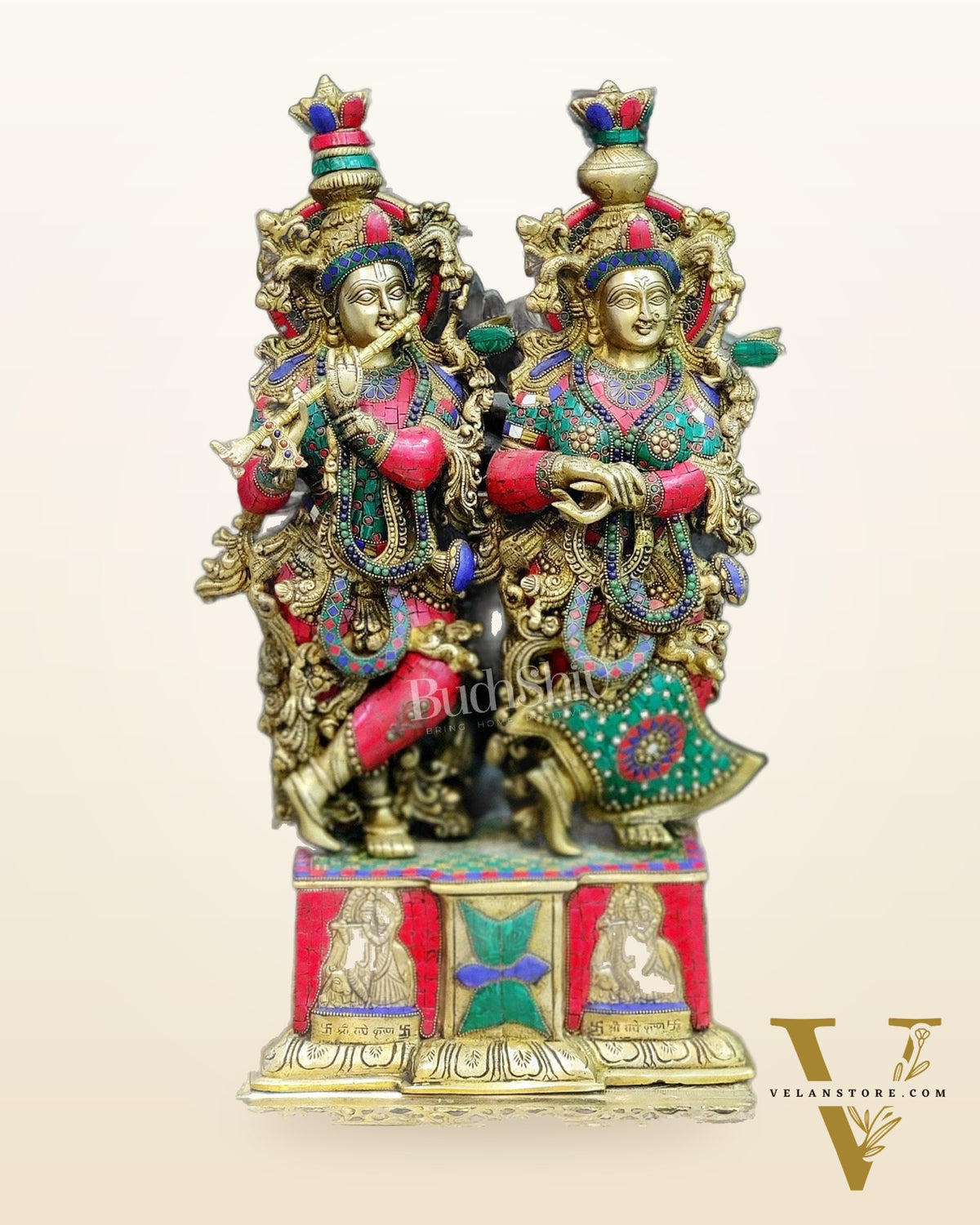 Pure Brass Radha Krishna Idol - 24" Height | Engraved Base with Stonework