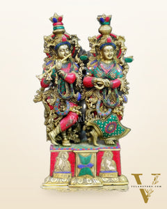 Pure Brass Radha Krishna Idol - 24" Height | Engraved Base with Stonework