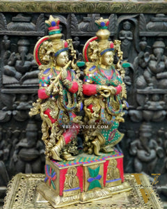 Pure Brass Radha Krishna Idol - 24" Height | Engraved Base with Stonework
