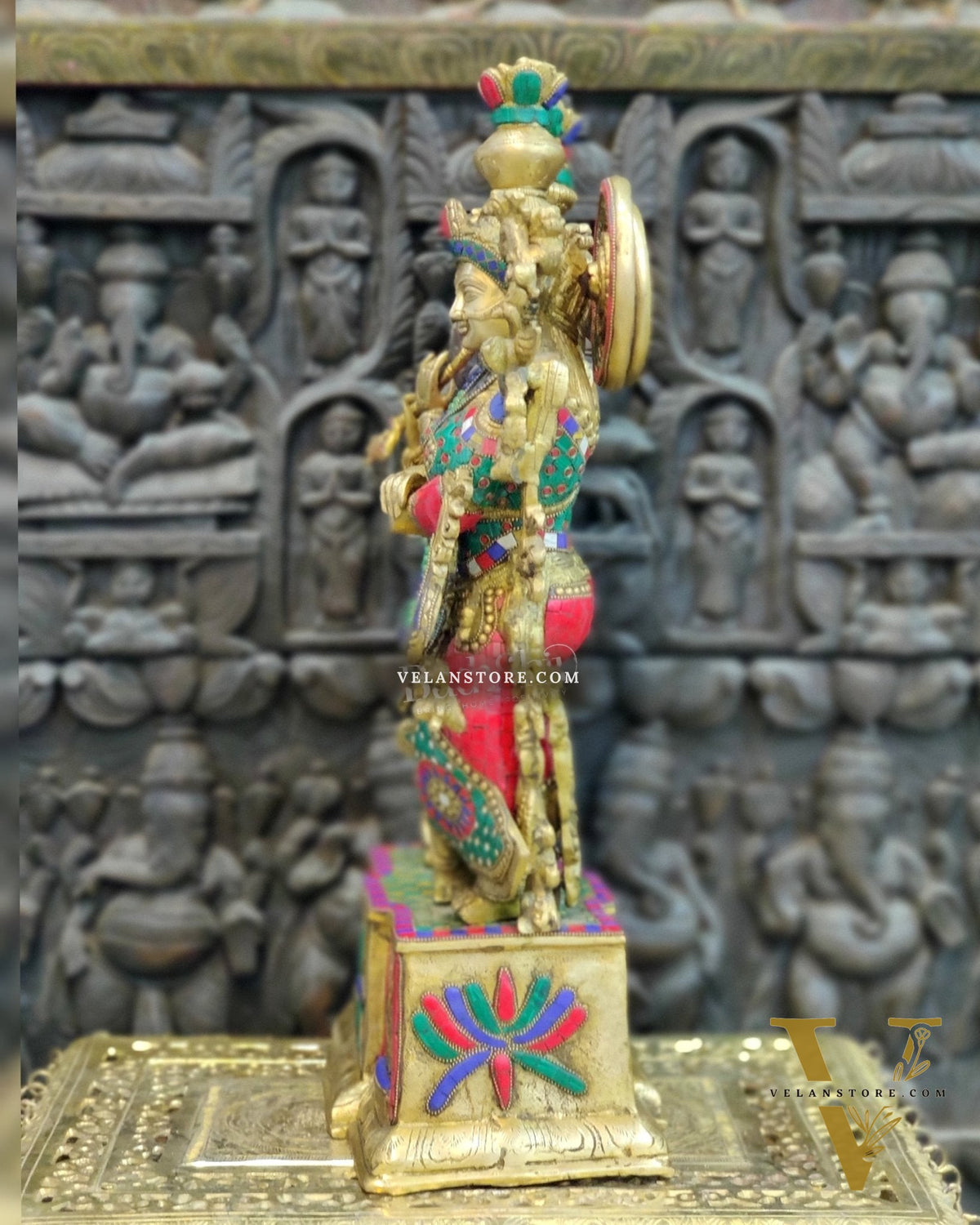 Pure Brass Radha Krishna Idol - 24" Height | Engraved Base with Stonework