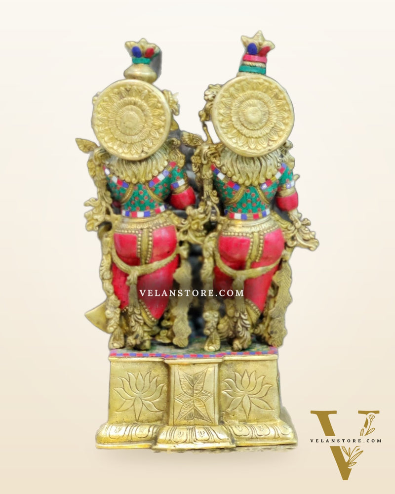 Pure Brass Radha Krishna Idol - 24" Height | Engraved Base with Stonework