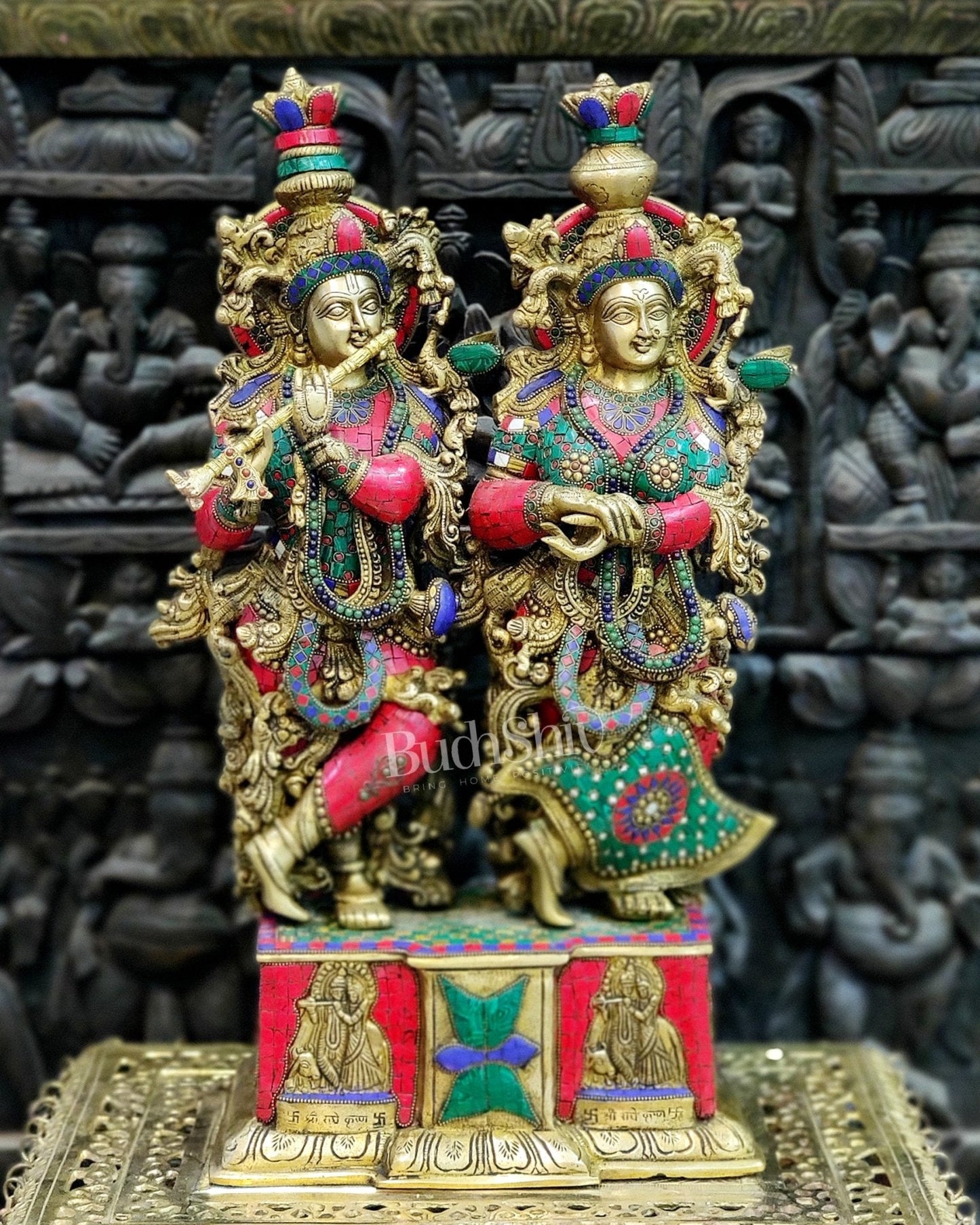 Pure Brass Radha Krishna Idol - 24" Height | Engraved Base with Stonework