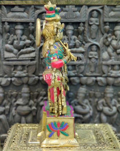 Pure Brass Radha Krishna Idol - 24" Height | Engraved Base with Stonework