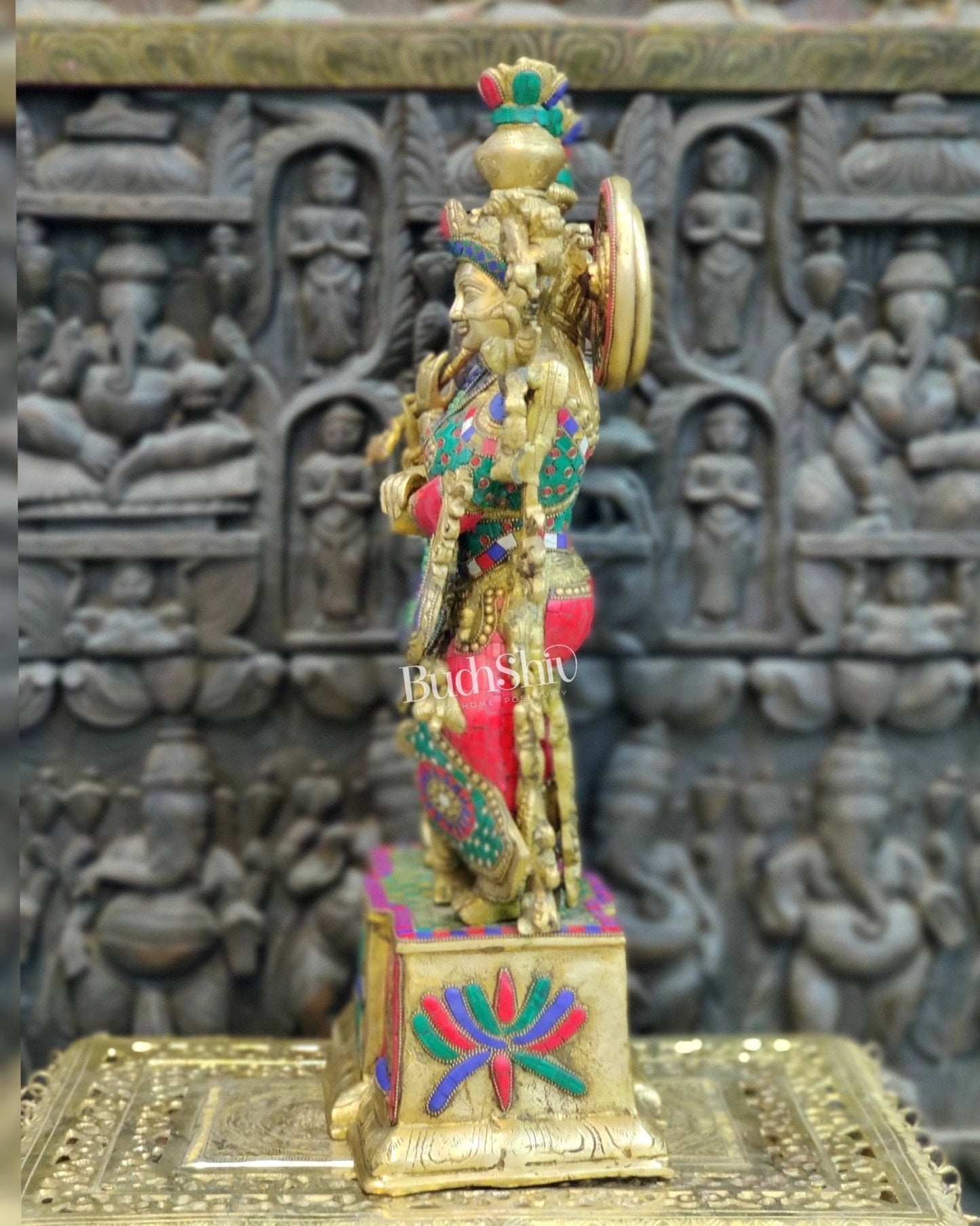 Pure Brass Radha Krishna Idol - 24" Height | Engraved Base with Stonework