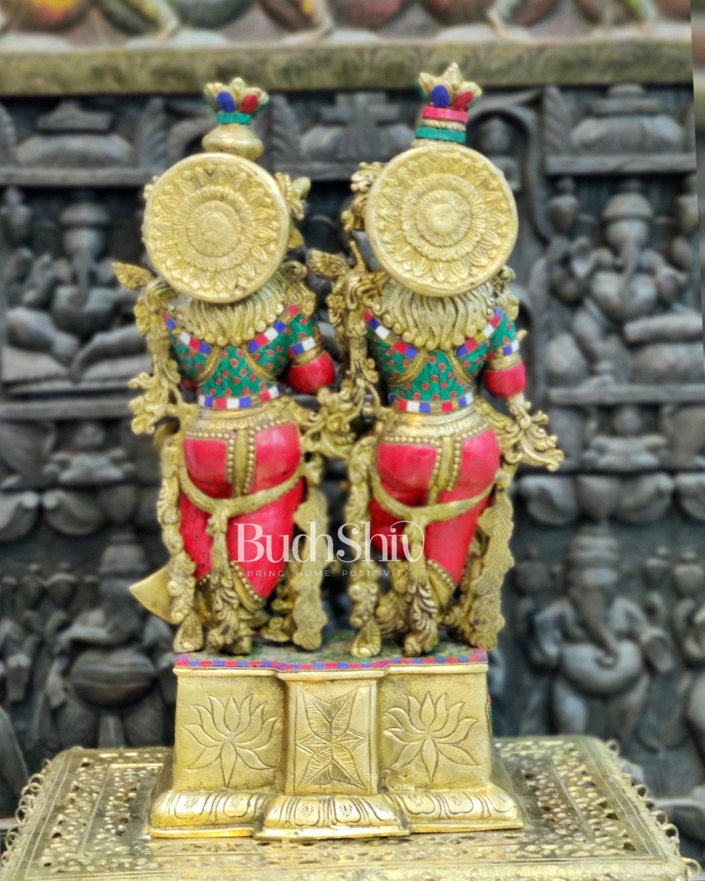 Pure Brass Radha Krishna Idol - 24" Height | Engraved Base with Stonework
