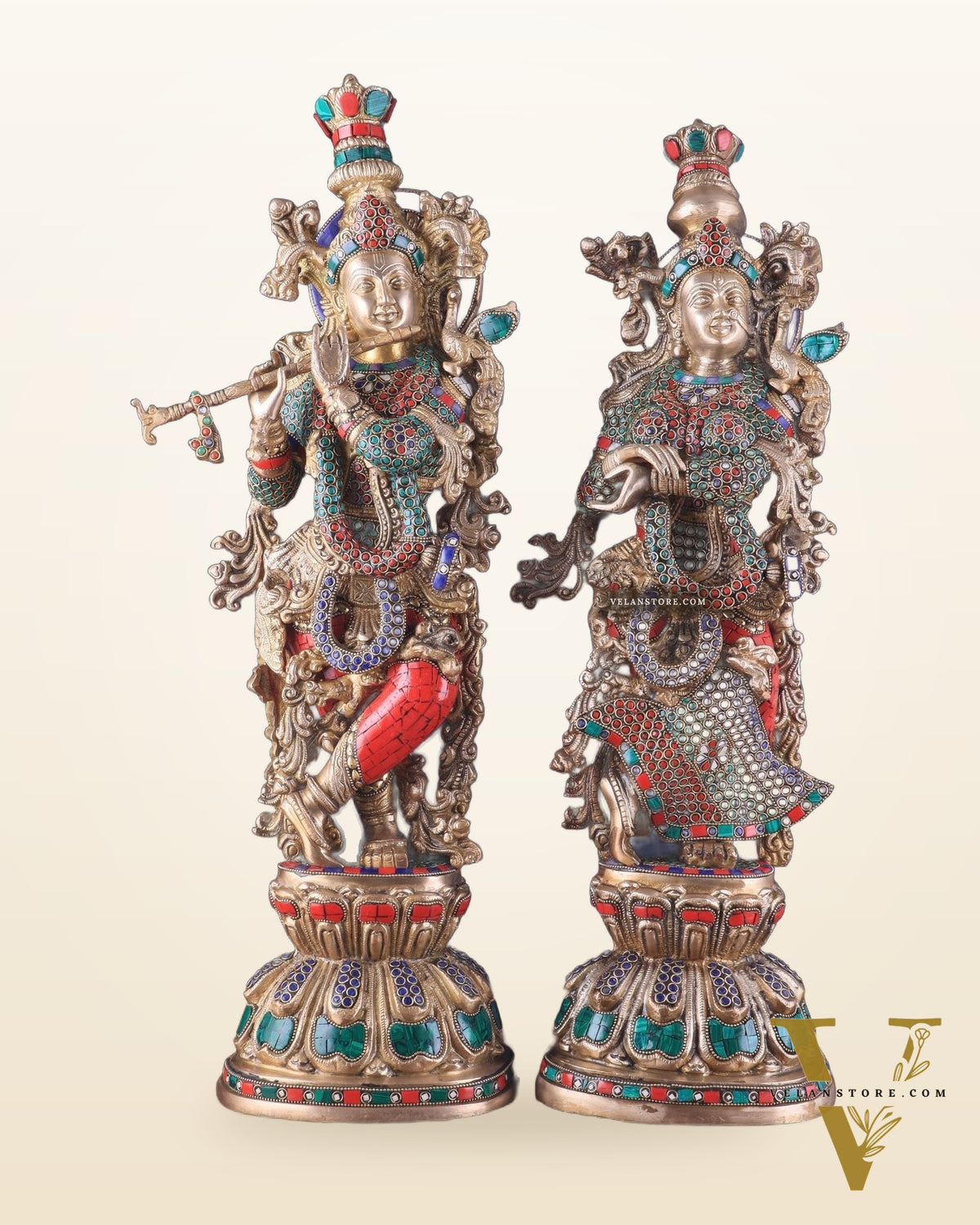 Pure Brass Radha Krishna Idol 25 inch Stonework