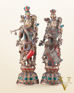 Pure Brass Radha Krishna Idol 25 inch Stonework