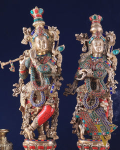 Pure Brass Radha Krishna Idol 25 inch Stonework