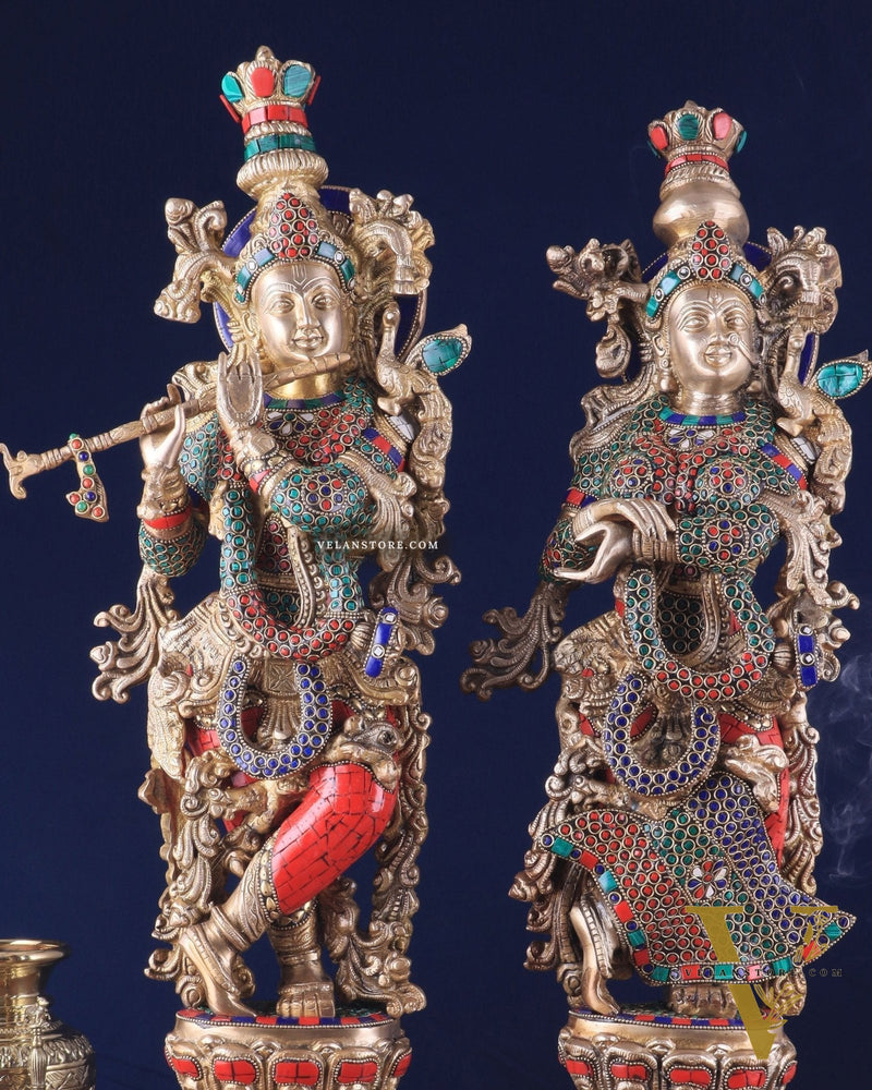 Pure Brass Radha Krishna Idol 25 inch Stonework