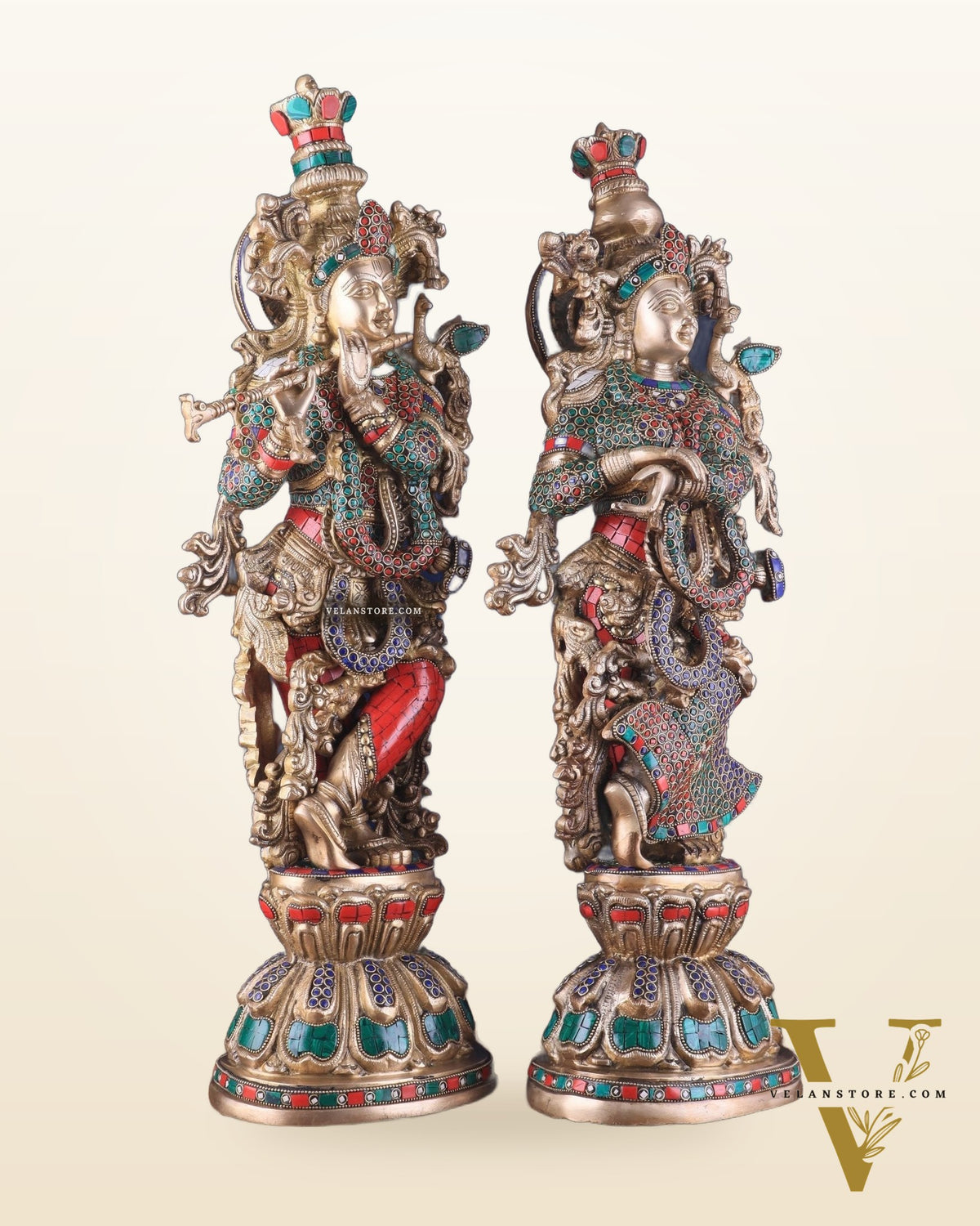 Pure Brass Radha Krishna Idol 25 inch Stonework
