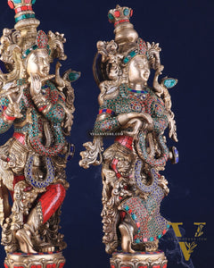 Pure Brass Radha Krishna Idol 25 inch Stonework