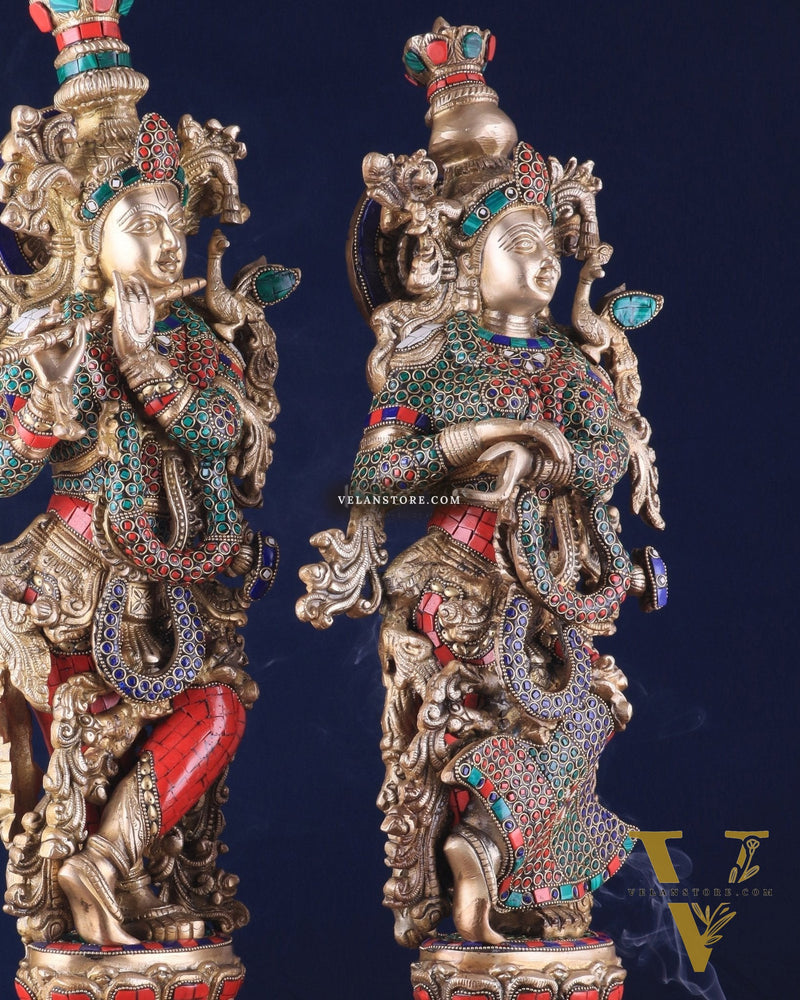 Pure Brass Radha Krishna Idol 25 inch Stonework