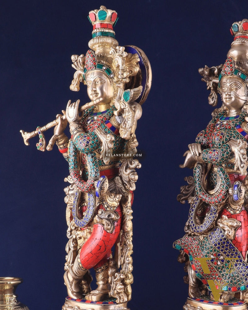 Pure Brass Radha Krishna Idol 25 inch Stonework