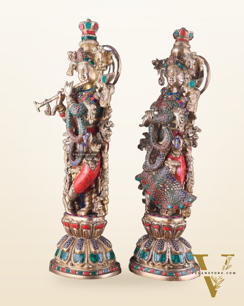 Pure Brass Radha Krishna Idol 25 inch Stonework
