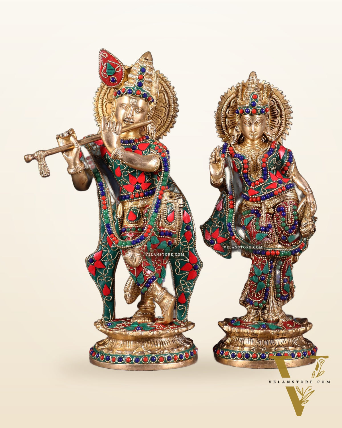Pure Brass Radha Krishna Idol with Floral Stonework – 12 Inch