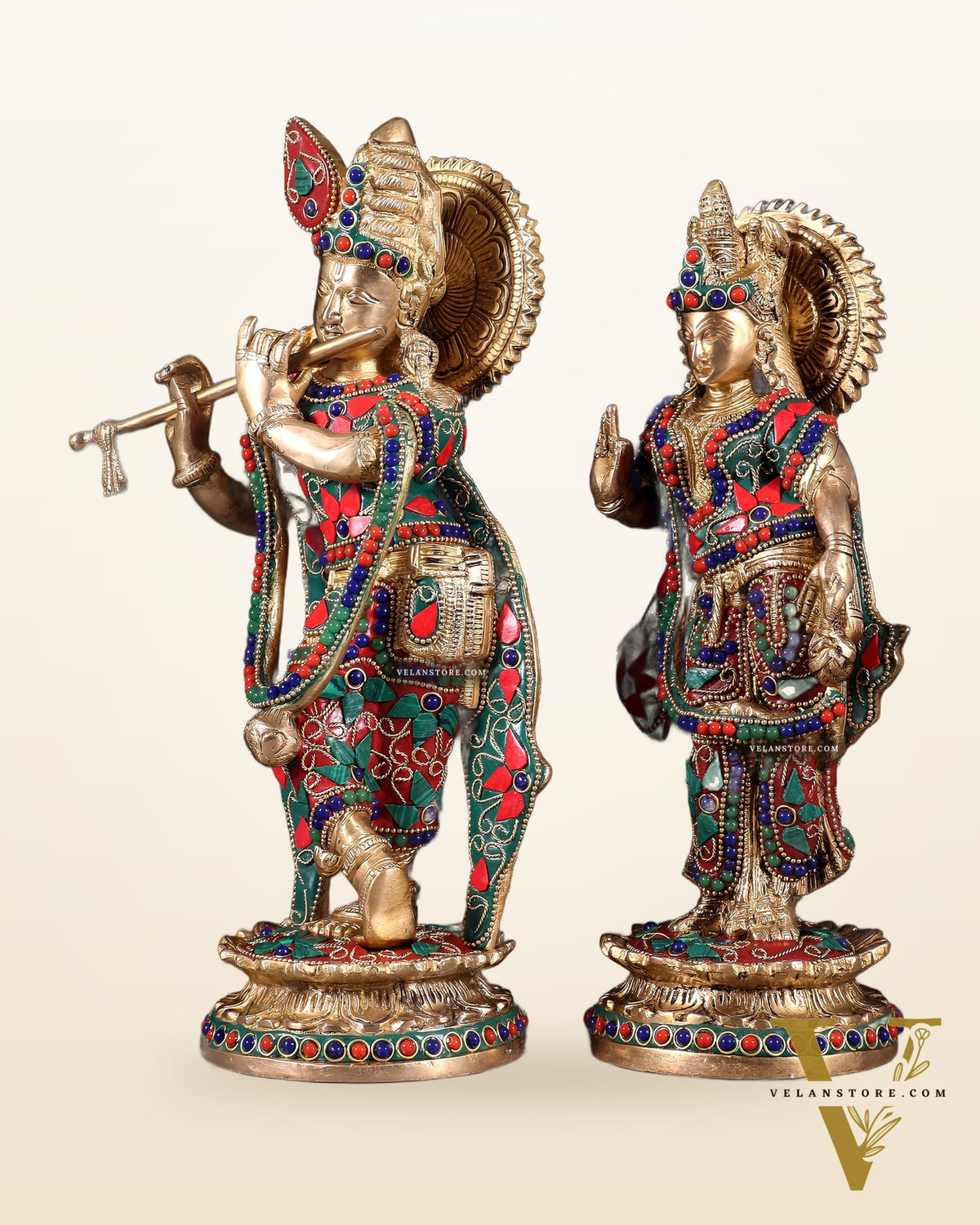 Pure Brass Radha Krishna Idol with Floral Stonework – 12 Inch