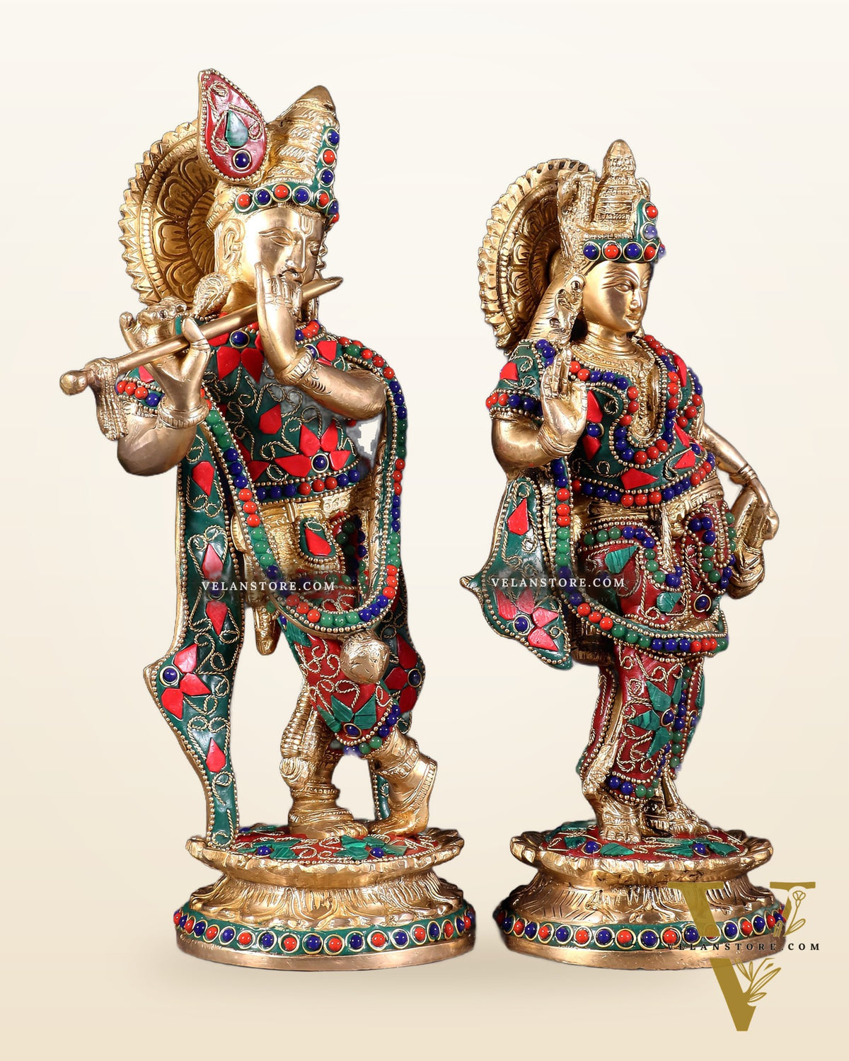 Pure Brass Radha Krishna Idol with Floral Stonework – 12 Inch