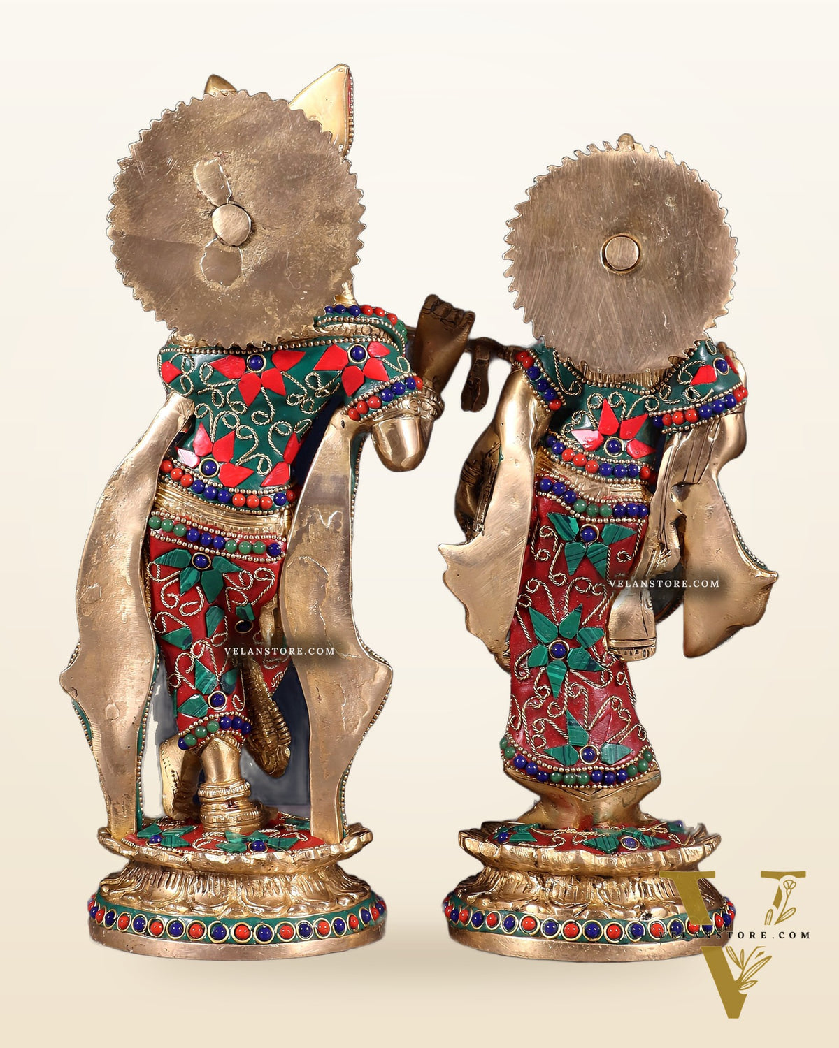 Pure Brass Radha Krishna Idol with Floral Stonework – 12 Inch