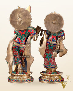 Pure Brass Radha Krishna Idol with Floral Stonework – 12 Inch
