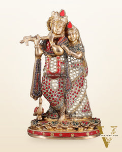 Pure Brass Radha Krishna Idol with Jewels Stonework 10.5"