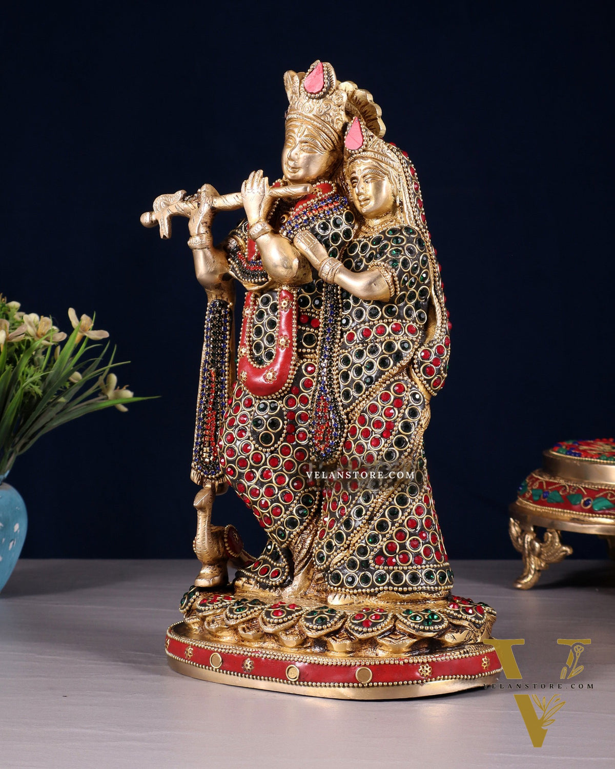 Pure Brass Radha Krishna Idol with Jewels Stonework 10.5"