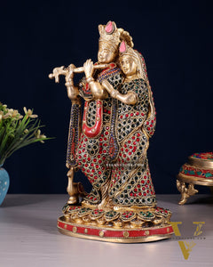 Pure Brass Radha Krishna Idol with Jewels Stonework 10.5"