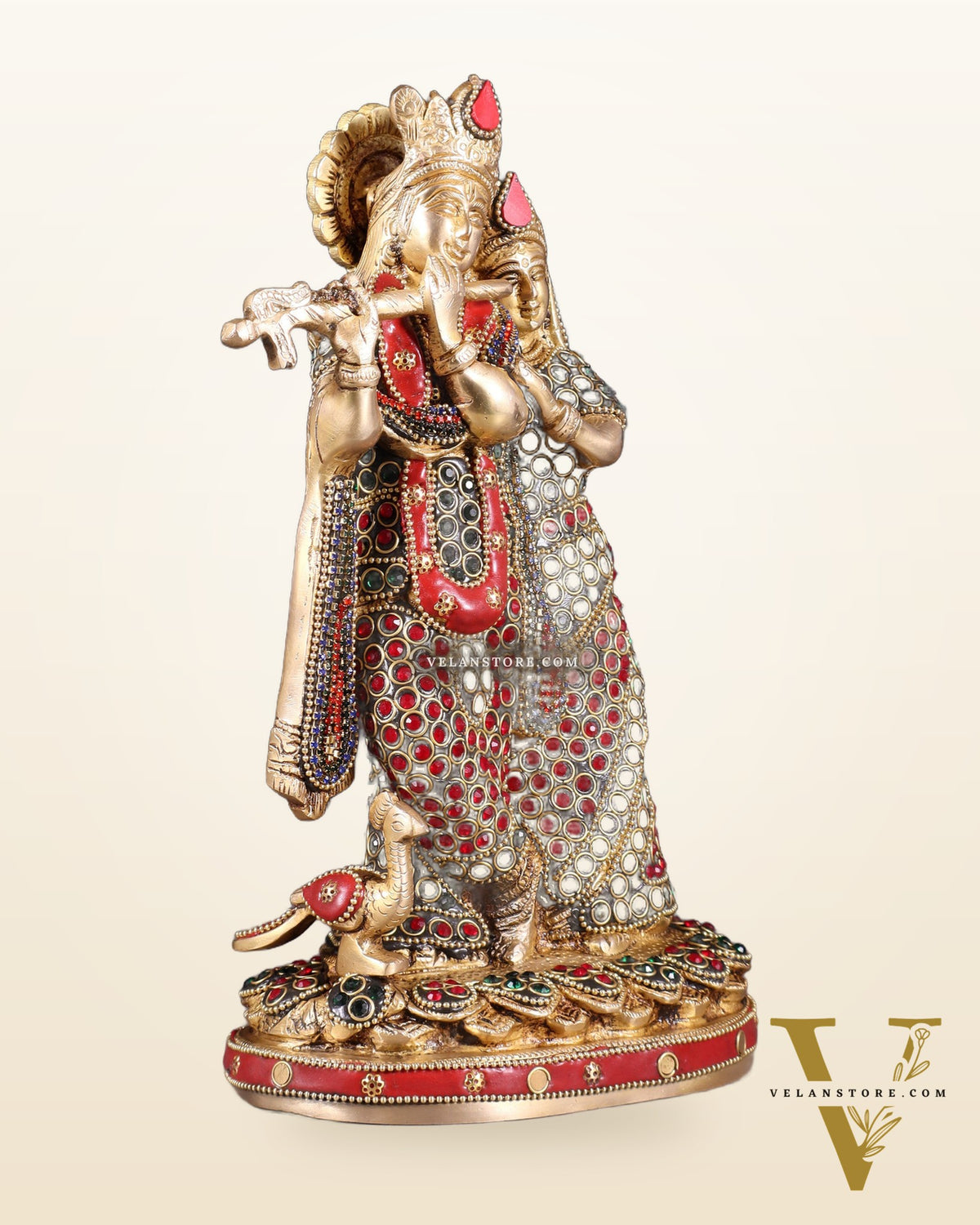 Pure Brass Radha Krishna Idol with Jewels Stonework 10.5"