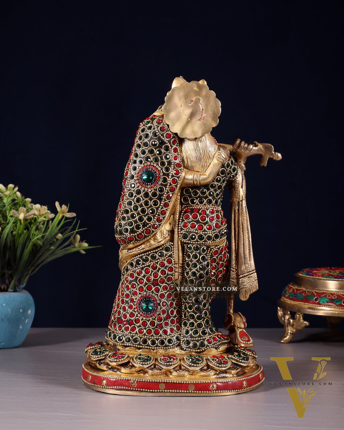 Pure Brass Radha Krishna Idol with Jewels Stonework 10.5"